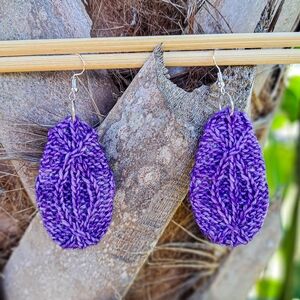 Oval Knit Earrings Purple Hand Dyed Yarn Blue Cotton